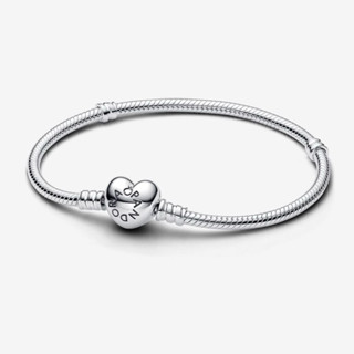 CHÍNH HÃNG - PANDORA Moments Snake Chain Bracelet (Heart Clasp, Silver Sterling) - Vòng/lắc bạc 925, khoá tim, dáng mềm
