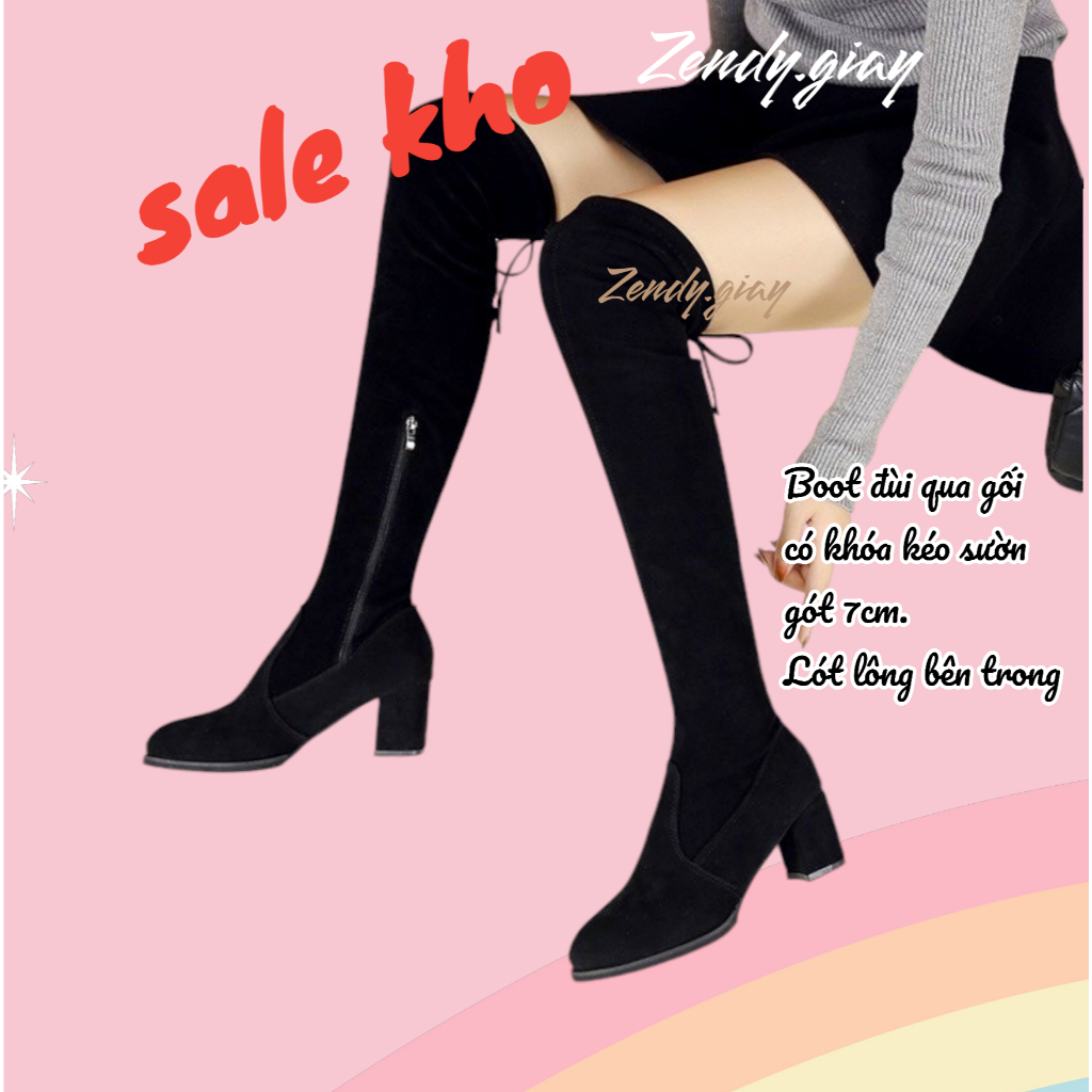 Bốt Đùi Boot Da Lộn Bốt Da Lì 7P Gót Vuông Boot Đùi Đế Bằng Đều Có Lót Lông Ấm