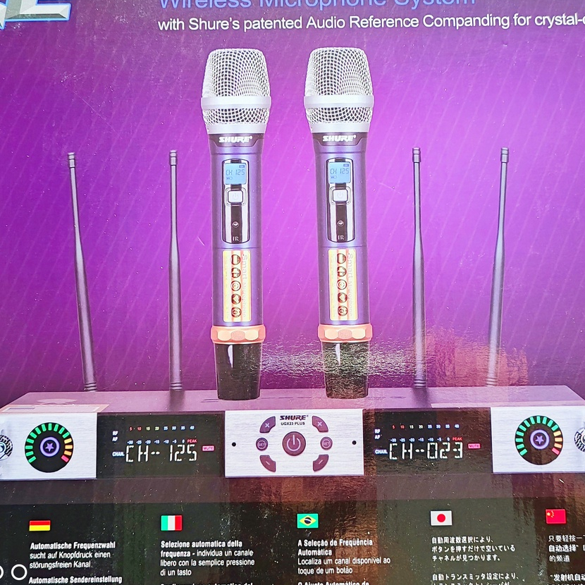 Mic không dây SHURE UGX 23 PLUS - micro SHURE UGX23 PLUS vỉ tím , tự ngắt , gia tốc , dò sóng ,bốn r