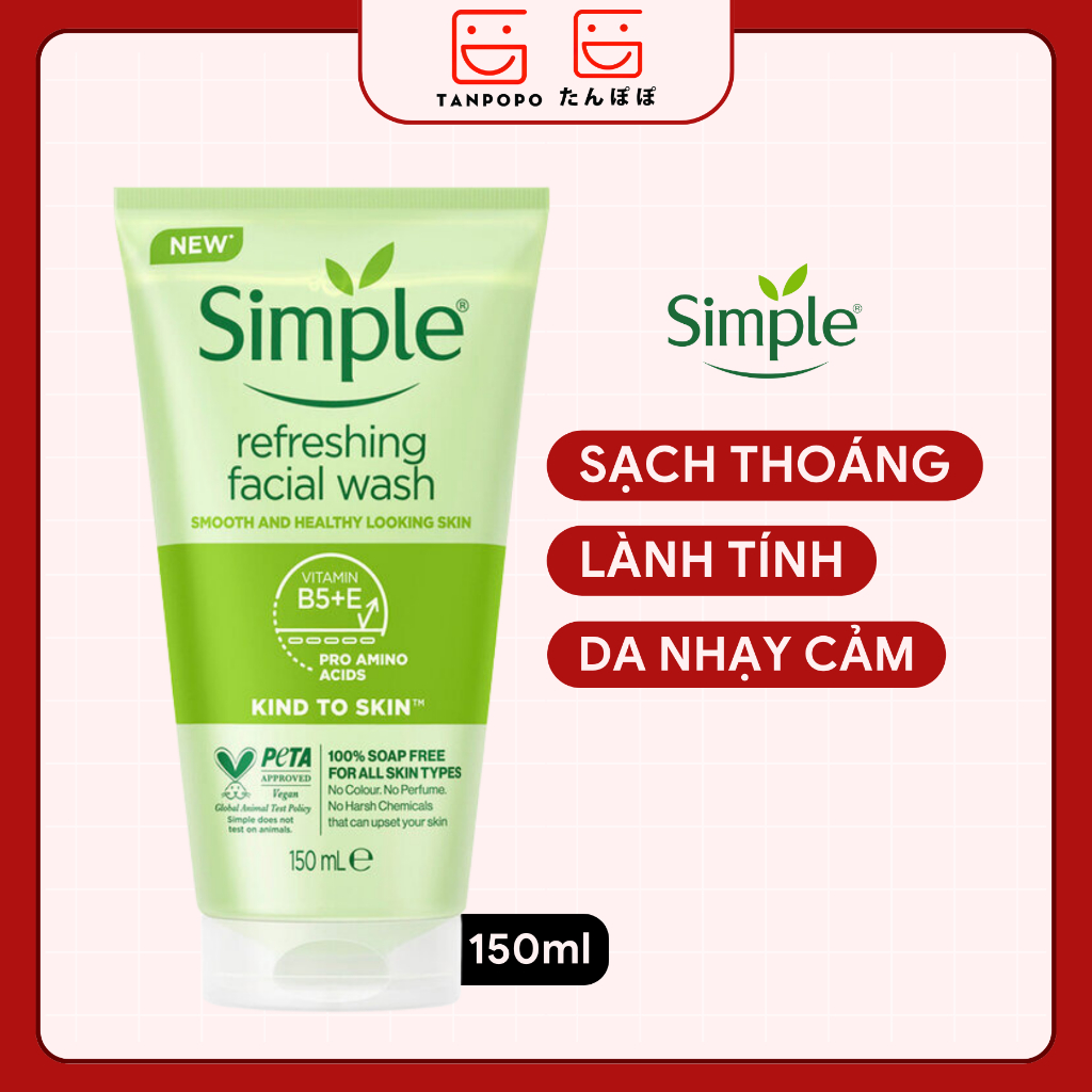 Sữa rửa mặt dịu nhẹ, dành cho da nhạy cảm Simple Kind To Skin Refreshing Facial Wash (Tuýp 150ml)