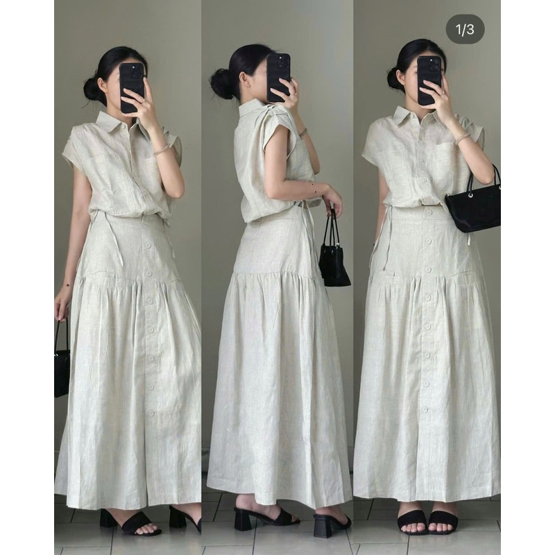 Set áo croptop sơ mi tay hến bo eo + chân váy midi xoè nút phối túi nude vintage