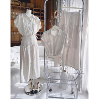 Set áo croptop sơ mi tay hến bo eo + chân váy midi xoè nút phối túi nude vintage