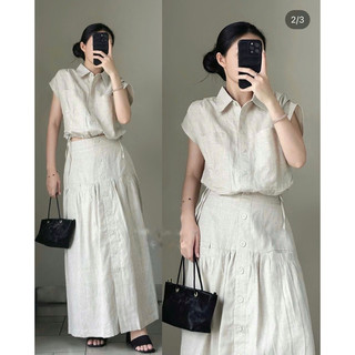 Set áo croptop sơ mi tay hến bo eo + chân váy midi xoè nút phối túi nude vintage