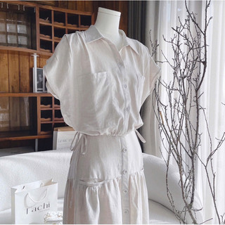 Set áo croptop sơ mi tay hến bo eo + chân váy midi xoè nút phối túi nude vintage