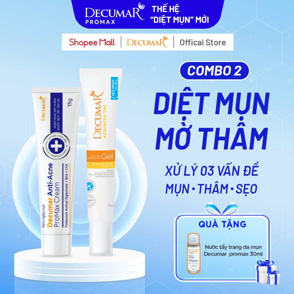 Combo 2 kem mụn ngày - đêm Decumar Promax và THC hỗ trợ giảm mụn, mờ thâm sẹo sau 48h - THC03, DPC01