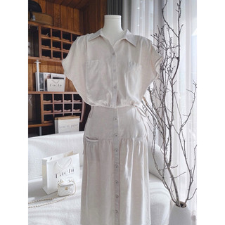 Set áo croptop sơ mi tay hến bo eo + chân váy midi xoè nút phối túi nude vintage
