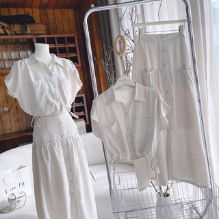 Set áo croptop sơ mi tay hến bo eo + chân váy midi xoè nút phối túi nude vintage