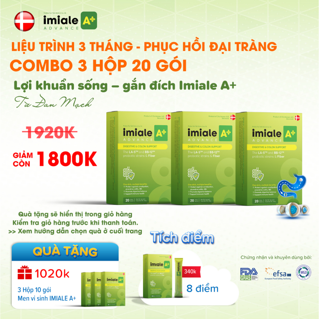 Bộ 3 Hộp 20 gói Men vi sinh IMIALE A+ Đan Mạch - Lộ trình 3 tháng cho viêm đại tràng, hội chứng ruột kích thích