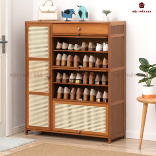 Tủ Giày Dép Gỗ Tre Chống Nước, Cửa Lật Nhựa Giả Mây Tre Đan 3,4 Ngăn, Kệ Giày Dép Đa Năng, Mẫu TRE04 - Nội Thất S&S