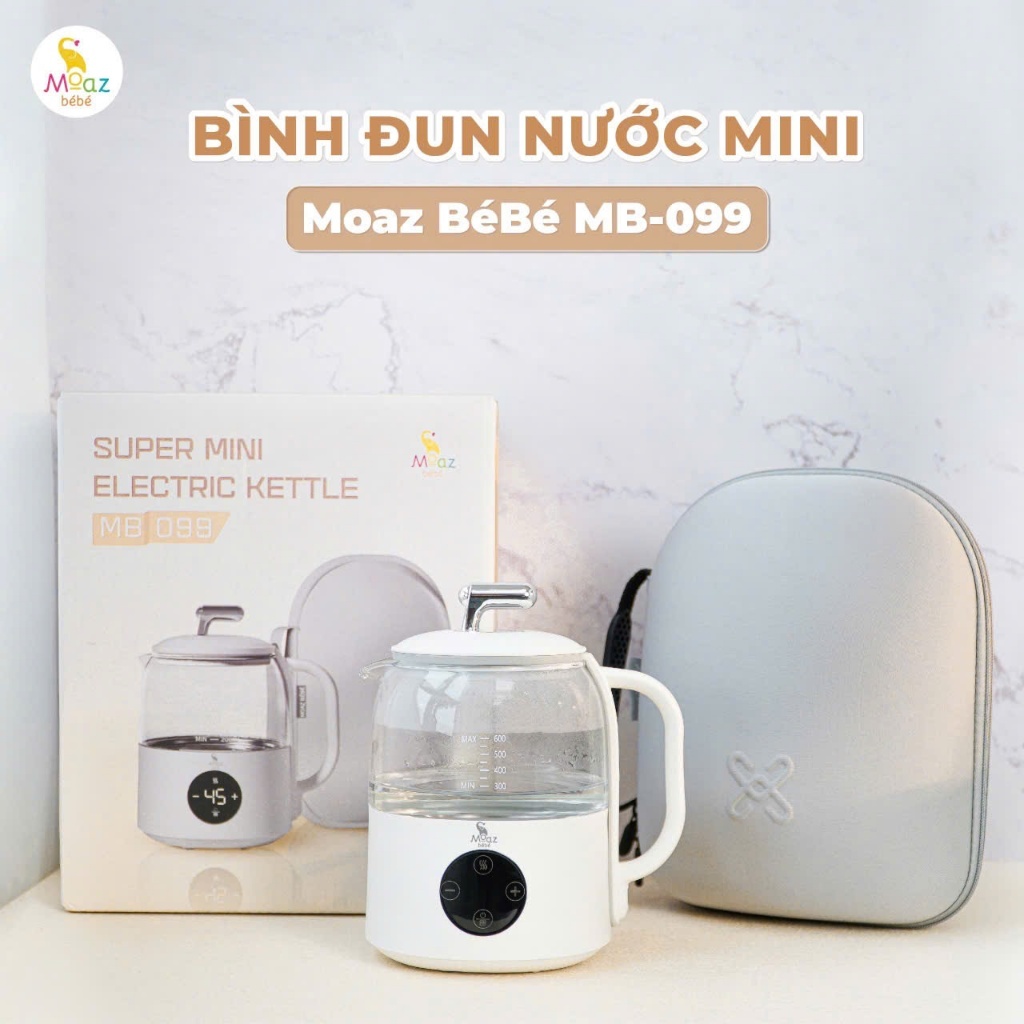 Ấm Đun Nước Siêu Tốc Mini MoazBéBé MB099, Bình Đun Nước 600ml Kèm Túi Đựng Bảo Quản