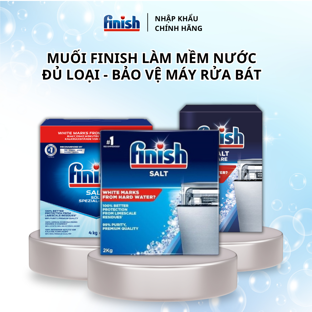 Muối rửa bát Finish 4kg, 1,5kg, 1,2kg, đủ loại muối finish cho Máy rửa bát chén, ,muối làm mềm nước 