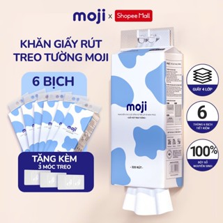 Thùng 6 bịch khăn giấy rút treo tường MOJI [TẶNG 3 MÓC TREO] giấy vệ sinh 4 lớp siêu dai và mềm mịn