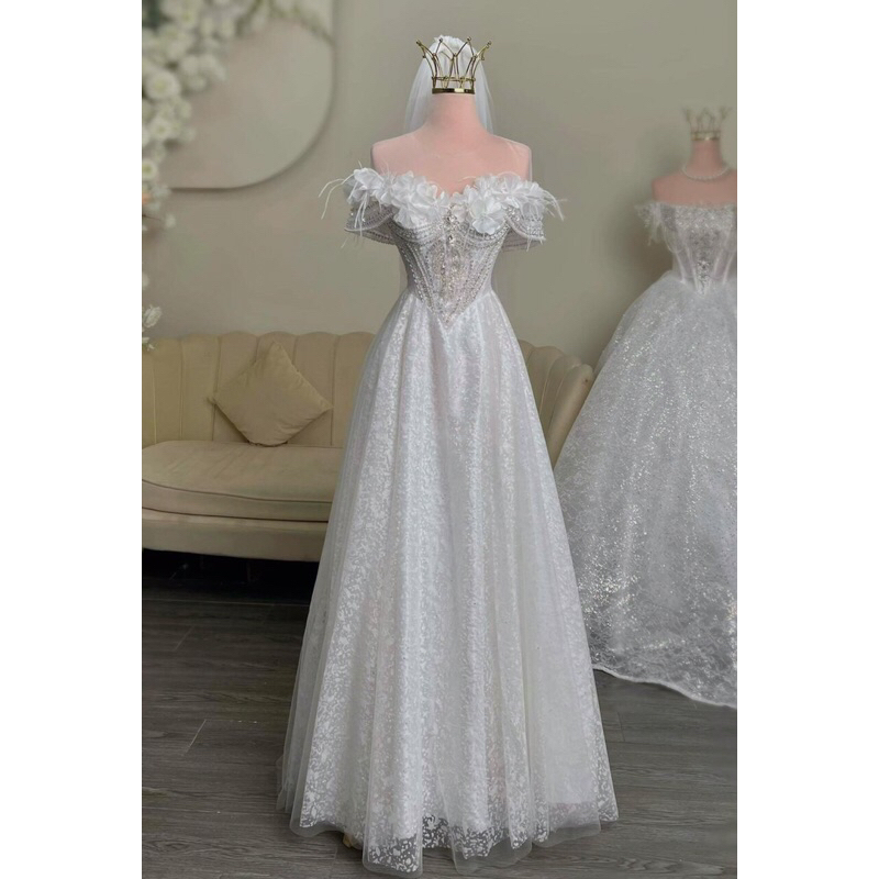 ELIES Đầm cưới corset đi bàn đính đá trễ vai cô dâu nẹp gọng siết eo đan dây sau lưng