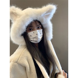 Mũ len lông thỏ tai cáo trùm đầu ấm mịn dành cho các bạn nữ mùa đông 2024 da28