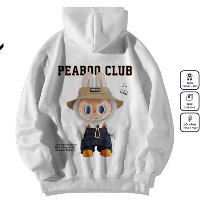 áo hoodie Labubu nỉ mũ 2 lớp màu trắng in labu 2 mặt Peaboo