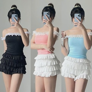 BARE_Áo Croptop Trễ Vai Tay Bèo Ôm Body, Áo Kiểu Hai Dây Ren Quyến Rũ Xinh Xắn_A350