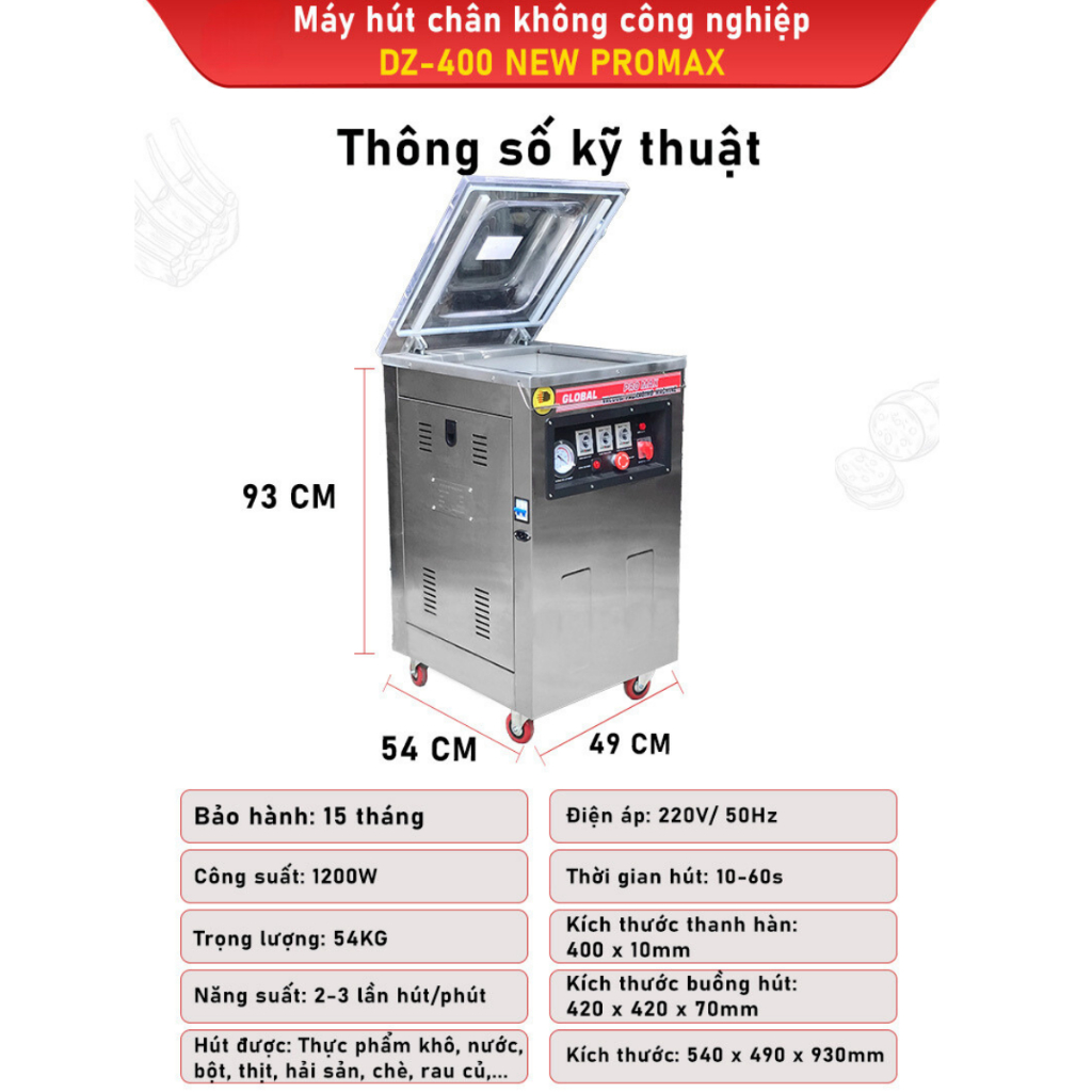 Máy Hút Chân Không Thực Phẩm Công Nghiệp DZ-400 PROMAX Công Suất 1200W Buồng Hút INOX 304 Bảo Hành 12 tháng