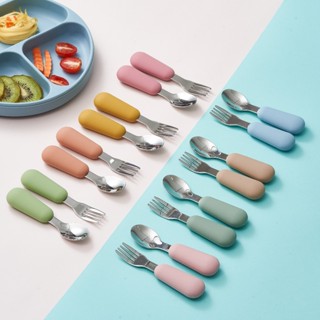 Thìa dĩa tập xúc inox cán ngắn cùng màu bát ăn dặm silicon gấu cho bé