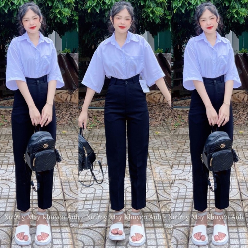 Quần tây đen đi học lưng cao 1 2 nút ống đứng suông dài dáng quần baggy học sinh đi học công sở màu 