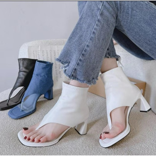 Bốt da nữ hở ngón cao gót da mềm , giày boots nữ da sịn kẹp ngón dây kéo xinh xinh