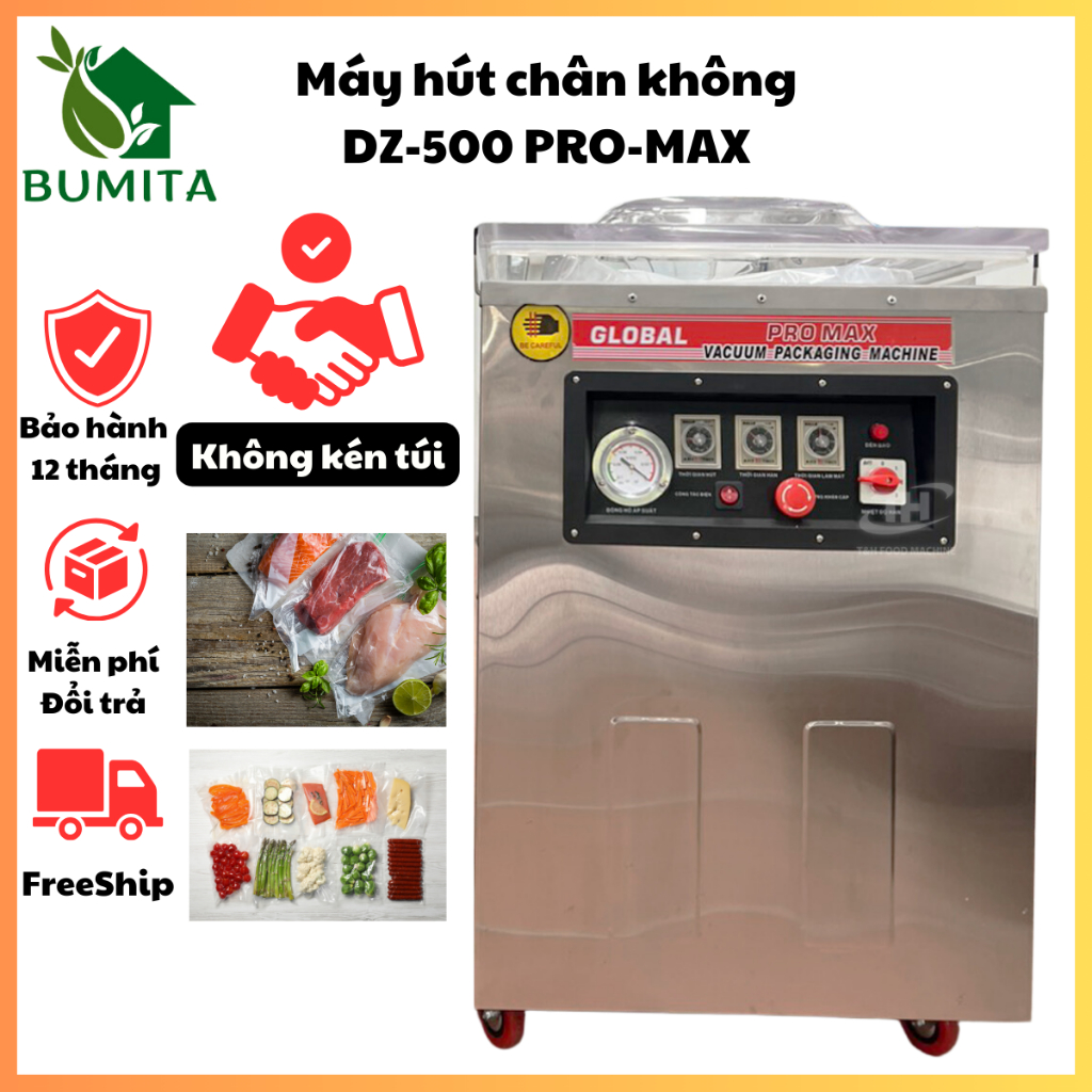 Máy Hút Chân Không Thực Phẩm Công Nghiệp DZ-500 PROMAX Công Xuất 1200W Không Kén Túi Buồng Chân Không INOX 304
