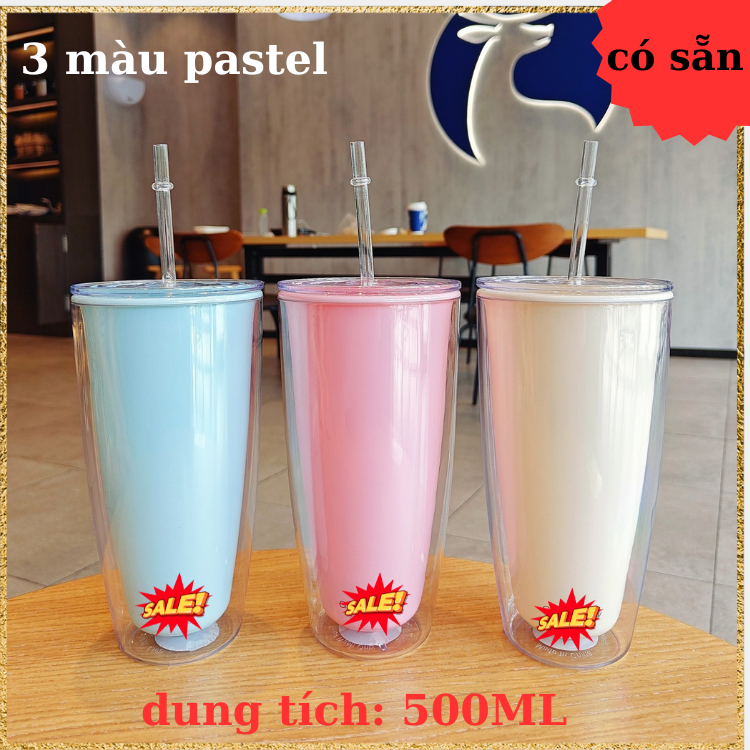 Ly 500ml màu pastel kèm ống hút nhựa PP -Cốc 500ml cách nhiệt 2 lớp xịn kèm ảnh thật