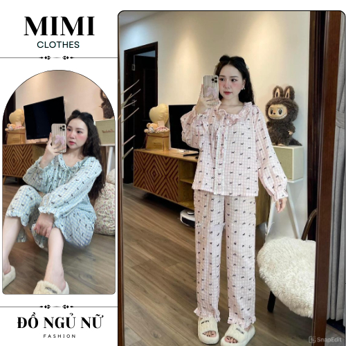 Bộ ngủ dài tay, pijama bộ mặc nhà chất cotton họa tiết nơ cổ bèo siêu xinh MIMI CLOTHES hcom3164