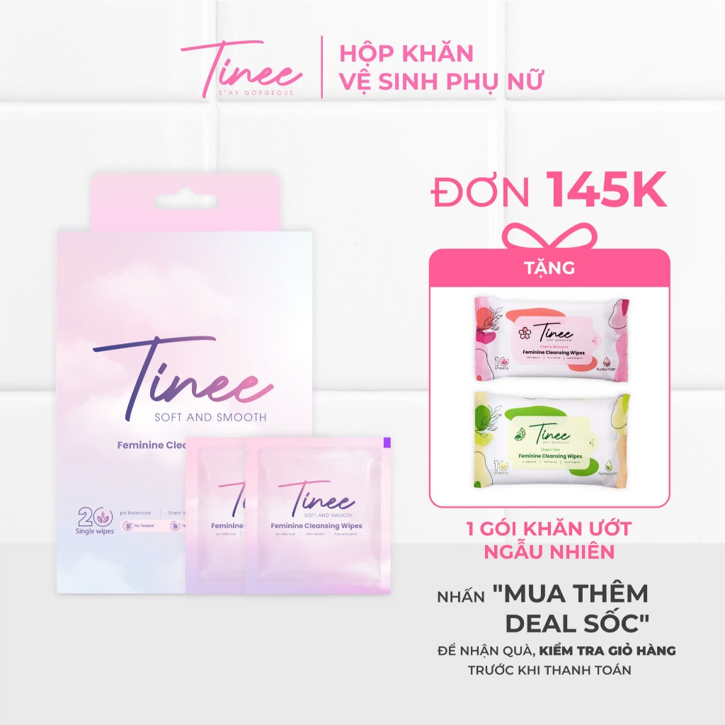 Hộp 20 Gói Khăn Ướt 1 Tờ Vệ Sinh Phụ Nữ Tinee Dịu Nhẹ Và Hạn Chế Nấm Khuẩn - Bản Hương Mới (1 Tờ/ 1 Gói)