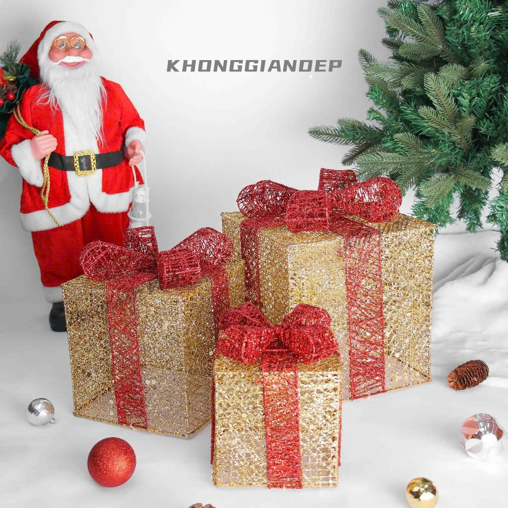 SET 3 HỘP QUÀ KIM LOẠI CÓ ĐÈN QUA03 TRANG TRÍ NHÀ CỬA, QUÁN ĂN DỊP GIÁNG SINH - LP309