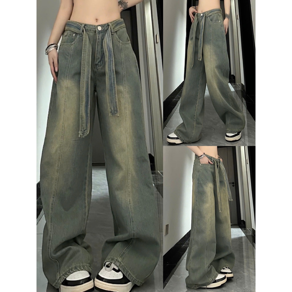 Quần Bò Jeans Nữ Ống Rộng, Quần Bò Denim Suông Ống Rộng Trơn Màu Xanh Bụi Kèm Dây Bản To Cạp Cao Siêu Hách Dáng Cực Đỉnh