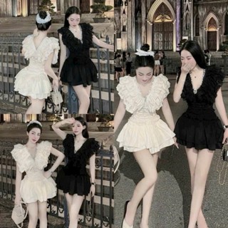 Set váy xòe voan bèo áo cổ V đính đá viền ôm eo sát tay mặc lên cực kì tôn dáng mang đi chơi hay đi tiệc đều sang