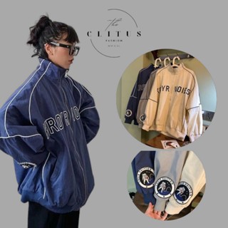 Áo khoác dù CLITUS nam nữ  cổ đứng hai lớp phối sọc và Logo tay in chữ trước mẫu mới
