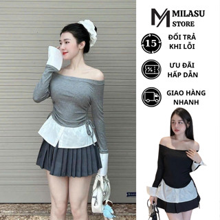Áo trễ vai dài tay phối trắng xòe dưới rút eo 2 màu đen ghi MILASU 311