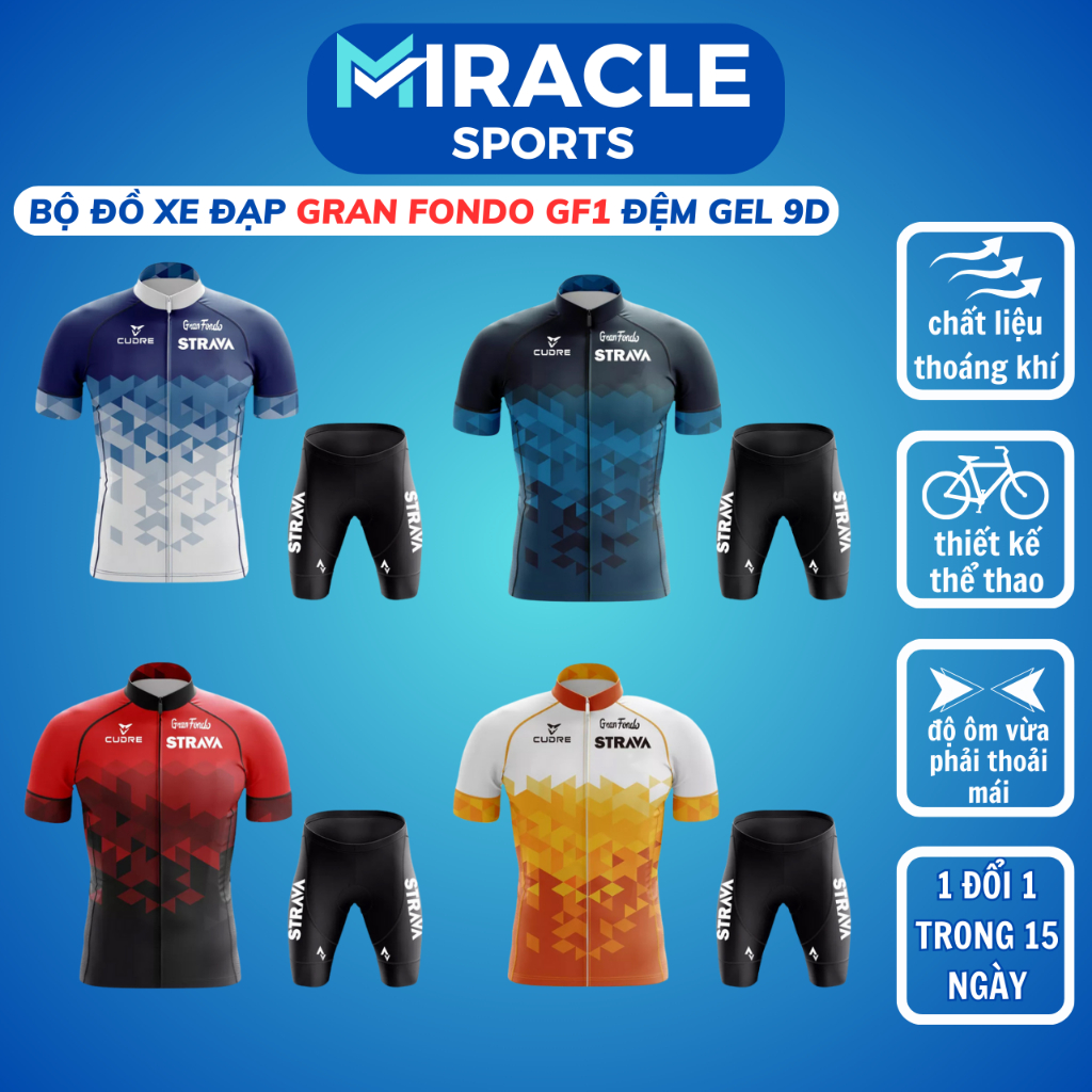  Bộ quần áo nam nữ đi xe đạp quần đệm mông STRAVA Gran Fondo GF1 MIRACLE SPORTS Đồ đua xe đạp thể thao vải thoáng khí 