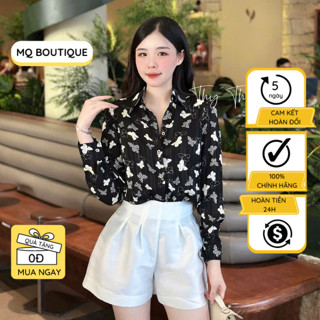 Sơ mi tay dài MQ Boutique tơ lụa dệt nhũ sọc áo sơ mi tơ họa tiết con 4 cánh nền đen mềm họa thiết kế công sở