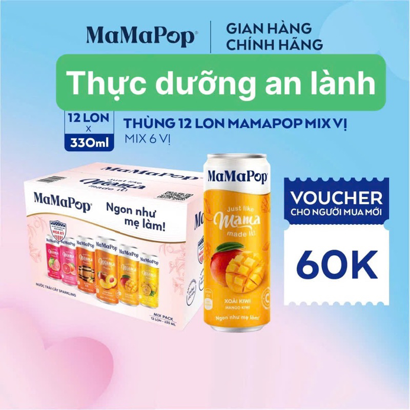 NƯỚC TRÁI CÂY SPARKLING MAMAPOP MIX 6 VỊ - NGON NHƯ MẸ LÀM ❤️(12lonx330ml)