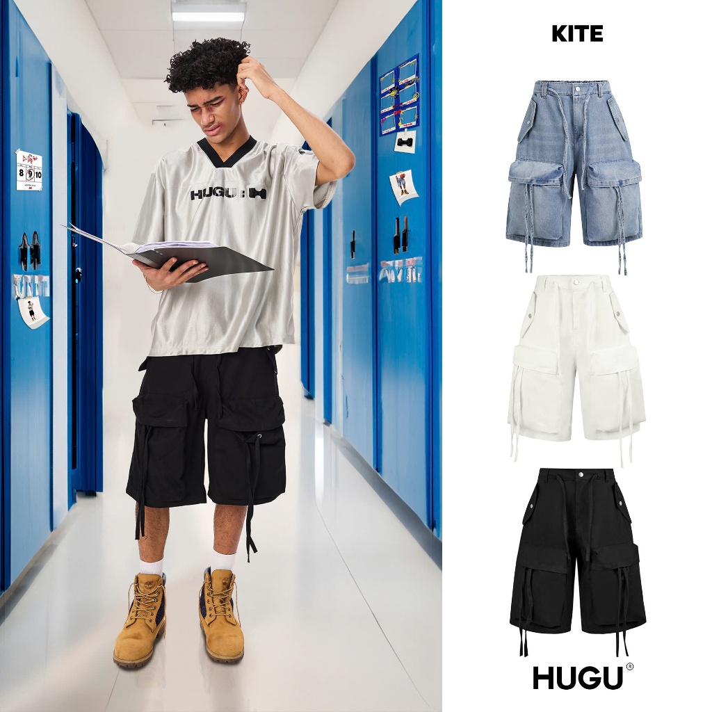 Quần short kaki form qua gối local brand HUGU - KITE - túi hộp, dây rút, nút bấm