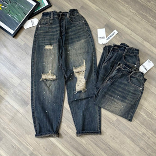 TIENSTYLE - Quần Jean Baggy Nữ Vẩy Sơn Rách Gối Chun Lưng Quần Boy Nữ 95CM Baggy jean nữ Bigsize 