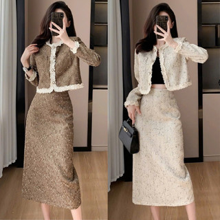  Set Dạ Tweed Dáng Dài Áo Dài Tay Phối Bèo Kèm Chân Váy Dáng Dài MELLYSTORE Đẹp Quyến Rũ ,Sang Trọng - Đầm Thiết Kế 
