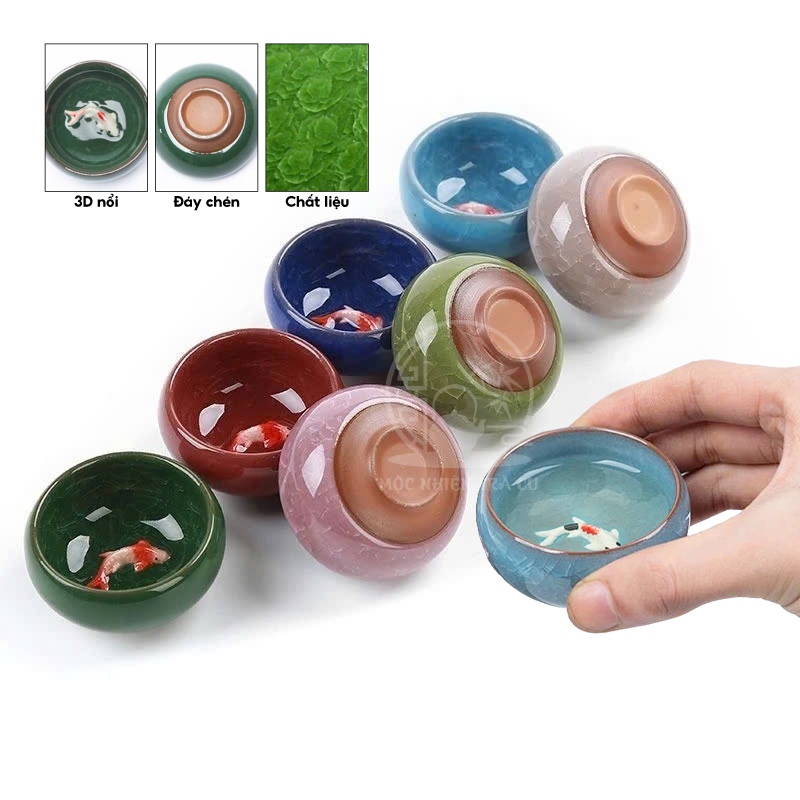 Chén trà men rạn họa tiết cá chép 3D nổi sắc nét, chén ly pha trà, chậu gốm sứ mini trồng cây, đựng sáp thơm đẹp cao cấp