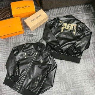 Áo khoác da bomber jacket nam Philipp Plein da Pu bóng thêu logo da tag sắt khoá zip phối chữ lưng hottrend