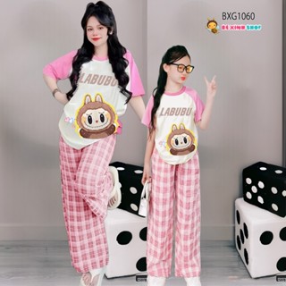 [BexinhshopVN] Bộ thun áo Raplang in Labubu quần suông caro dễ thương cho Mẹ & Bé Gái BXG1059