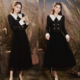  Set Dạ Tweed Áo Màu Đen Đính Kim Sa Phối Cổ Kèm Chân Váy Tơ Dáng Xòe Bồng MELLYSTORE Cao Cấp Đẹp Quyến Rũ ,Sang Trọng 