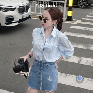 Áo sơ mi nữ sọc tay dài TiQi Jeans freesize thêu happy A-147