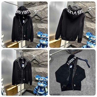 Áo khoác hoodie zip nam nữ Eo Vì nỉ chân cua thêu chữ viền mũ phối lót gió dệt vân hoa monogram