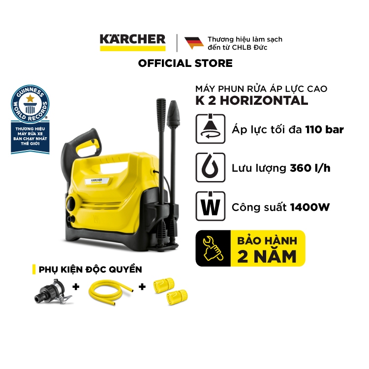  Máy phun rửa áp lực cao Karcher K2 Horizontal động cơ chổi than áp lực 110 bar và đã bao gồm dây cấp nước 