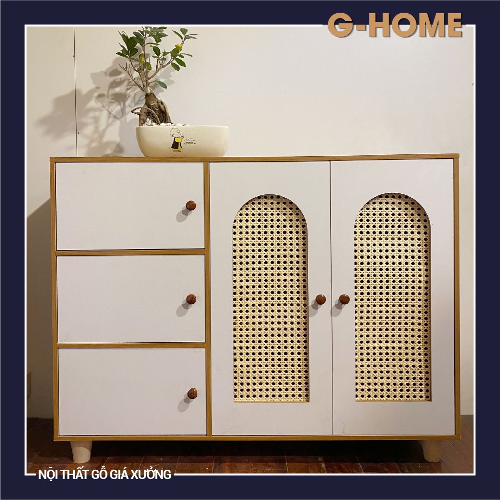 TỦ GIÀY 5 CÁNH MÂY-Tủ giày gỗ đa năng GHOME, kệ giày dép gỗ nhiều ngăn, tủ giày 5 cánh phối mây phon