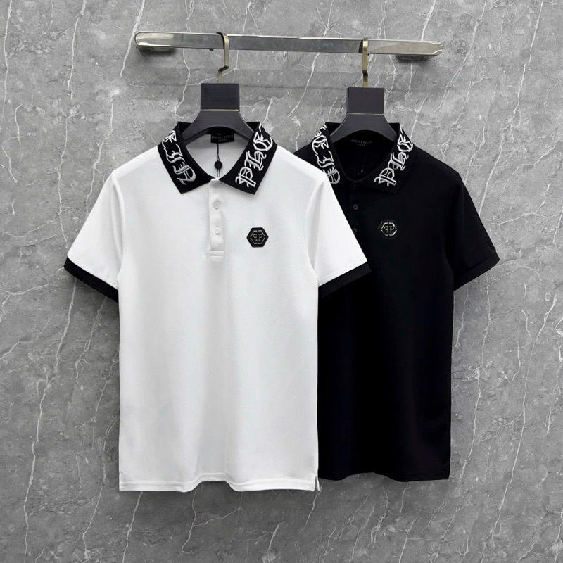 Áo Polo Nam Nữ Cổ Bẻ Philipp Plein Cotton Gai Thêu Logo QP Sắt Ngực Phối Cổ Dệt Nổi Chữ Vintage Dành Cho Anh Em Boy Phố