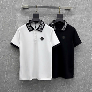 Áo Polo Nam Nữ Cổ Bẻ Philipp Plein Cotton Gai Thêu Logo QP Sắt Ngực Phối Cổ Dệt Nổi Chữ Vintage Dành Cho Anh Em Boy Phố