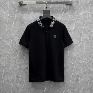 Áo polo nam nữ Philipp Plein cotton gai thêu logo ngực phối dệt chữ quanh cổ PL150P